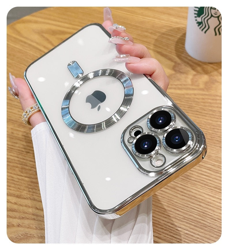Capa de Silicone Transparente Luxo Magsafe para iPhone com Protetor de Câmera